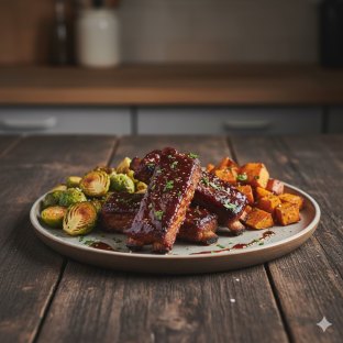 Bbq Seitan Ribs: Roasted Sweet Potatoes, Crispy Brussels Sprouts