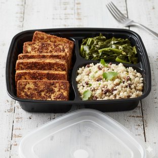 Dry Rubbed Tofu W/ Cauliflower Rice & Black Eyed Peas, Collard Greens