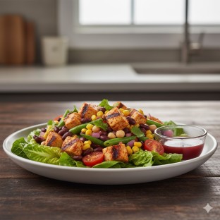 Chili Rubbed Grilled Chicken Three Bean and Roasted Corn Salad Over Romaine