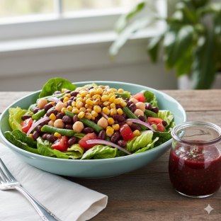 Three Bean and Roasted Corn Salad Over Romaine