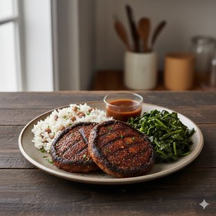Dry Rubbed Mushroom Steaks W/ Cauliflower Rice & Black Eyed Peas, Collard Greens