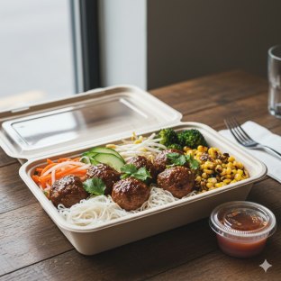 Pork & Chicken Meatballs and Nuoc Mum (fish sauce) served with Cold Vermicelli Noodles box