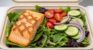 Grilled Salmon (Olive Oil Only) Salad, Tomatoes, Cucumber, Onion (no dressing)