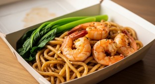 Garlic Noodles with Prawns and Gai Lan