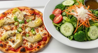 Small Chicken Artichoke Green Onion Pizza and House Salad