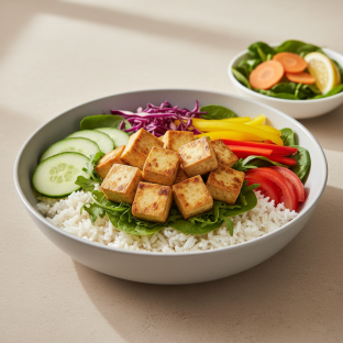 Jain Friendly Tofu Bowl with White Rice and Side Salad