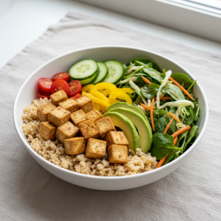 Jain Friendly Tofu Bowl with Brown Rice and Side Salad