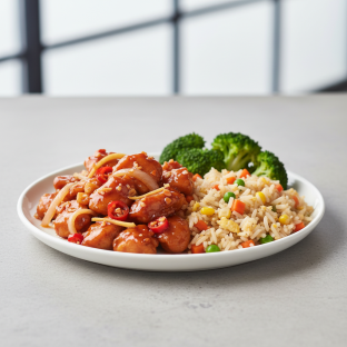Sweet Chili & Garlic Chicken: Vegetable Fried Rice, Steamed Broccoli