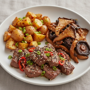 Sesame Braised Beef: Braised Potatoes, Glazed Mushrooms