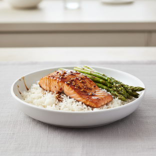 Honey & Soy Glazed Salmon: Steamed Rice & Grilled Asparagus