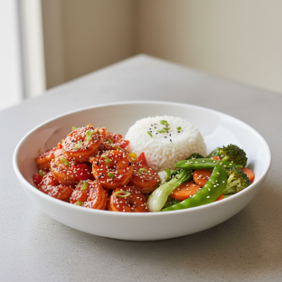 Kimchi Spiced Shrimp: Steamed Rice, Stir Fried Vegetables