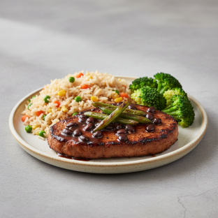 5 Spice Seitan Steak: Vegetable Fried Rice, Steamed Broccoli