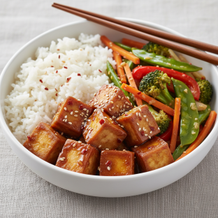 Sticky Garlic & Soy Tofu: Steamed Rice, Stir Fried Vegetables