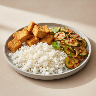 Crispy Tofu: Gochujang Cucumber Salad, Steamed Rice