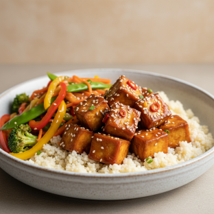 Sticky Garlic & Soy Tofu: Steamed Cauliflower Rice, Stir Fried Vegetables