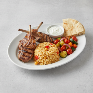 Lamb Chops, Grilled Chicken Skewer, Mediterranean Rice, Veggie, Yogurt Dip ,Pita