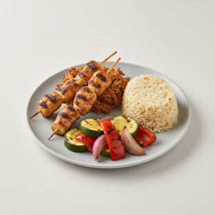 Grilled Chicken Skewers & Pulled Pork with Seasoned Rice, Grilled Vegetables