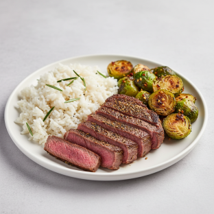 Rosemary NY Strip Steak Served with Rosemary Jasmine Rice & Chili Crisp Brussels Sprouts