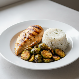 Lemon Herb Grilled Chicken Served with Rosemary Jasmine Rice & Chili Crisp Brussels Sprouts