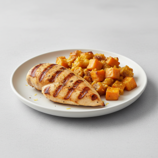 Lemon Herb Grilled Chicken Served with Roasted Sweet Potato & Sweet Plantain Casserole