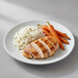 Provencal Style Chicken Served with Rosemary Jasmine Rice & Roasted Carrots