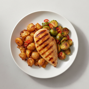 Lemon Herb Grilled Chicken Served with Crushed Cajun Potato & Chili Crisp Brussels Sprouts