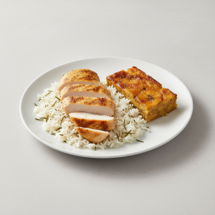 Lemon Herb Grilled Chicken Served with Rosemary Jasmine Rice & Sweet Plantain Casserole