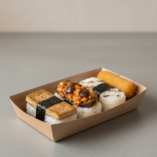 Miso Tofu Musubi, Mapo Tofu Eggplant Musubi with Corn Croquette