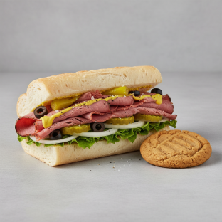 Hot Pastrami Sub on White Bread and a Peanut Butter Cookie (No Tomatoes)