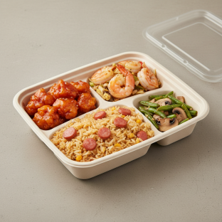Sweet & Sour Chicken, MuShu Prawns, Sausage Fried Rice, Green Beans & Mushrooms
