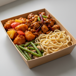 Sweet & Sour Chicken, Kung Pao Chicken, Garlic Noodles, Green Beans & Mushrooms