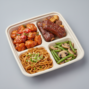 Sweet & Sour Chicken, Spare Ribs, Garlic Noodles, Green Beans & Mushrooms