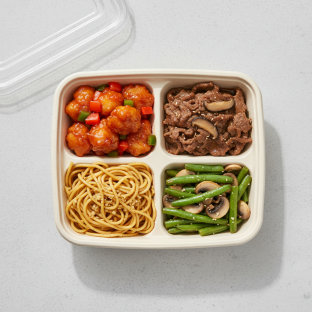 Sweet & Sour Chicken, Beef & Oyster Sauce, Garlic Noodle, Green Beans & Mushroom