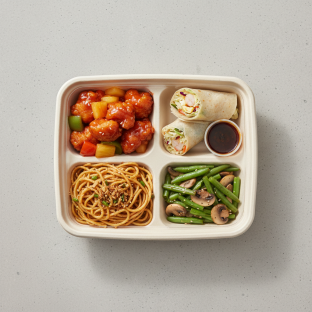 Sweet & Sour Chicken, MuShu Prawns , Garlic Noodles, Green Beans & Mushrooms