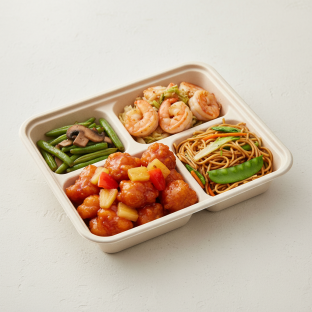 Sweet & Sour Chicken, MuShu Prawns , Veggie Chow Mein, Green Beans & Mushrooms