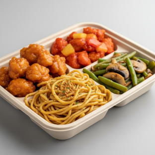 Orange Chicken, Sweet & Sour Chicken, Garlic Noodles, Green Beans & Mushrooms