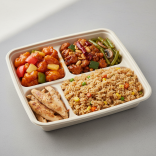 Orange Chicken, Beef & Oyster Sauce, Vegetable Fried Rice, Green Bean & Mushroom