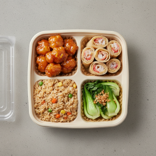Orange Chicken, MuShu Prawns, Vegetable Fried Rice, Bok Choy and Garlic