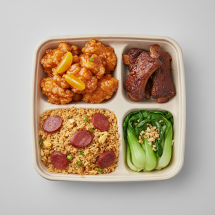 Orange Chicken, Spare Ribs, Chinese Sausage Fried Rice, Bok Choy and Garlic