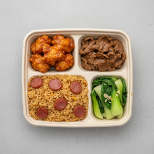 Orange Chicken, Beef & Oyster Sauce, Sausage Fried Rice, Bok Choy & Garlic
