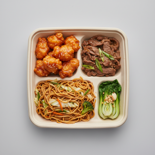 Orange Chicken, Mongolian Beef, Vegetable Chow Mein, Bok Choy and Garlic