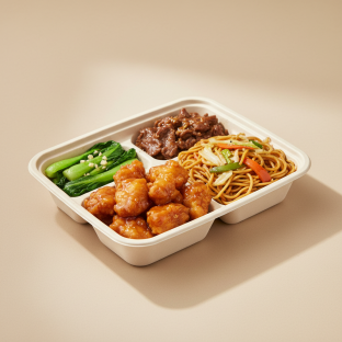 Orange Chicken, Beef with Oyster Sauce, Vegetable Chow Mein, Bok Choy & Garlic