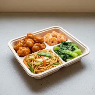 Orange Chicken, MuShu Prawns , Vegetable Chow Mein, Bok Choy and Garlic