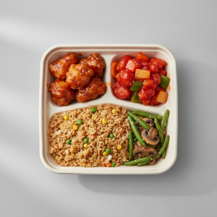 Orange Chicken, Sweet & Sour Chicken, Veggie Fried Rice, Green Beans & Mushrooms