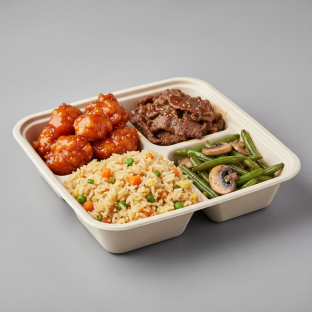 Orange Chicken, Mongolian Beef, Vegetable Fried Rice, Green Beans & Mushrooms