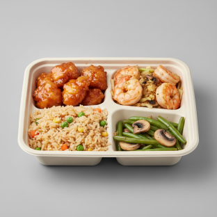 Orange Chicken, MuShu Prawns, Vegetable Fried Rice, Green Beans & Mushrooms