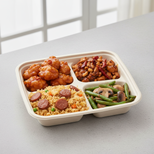 Orange Chicken, Kung Pao Chicken, Sausage Fried Rice, Green Beans & Mushrooms
