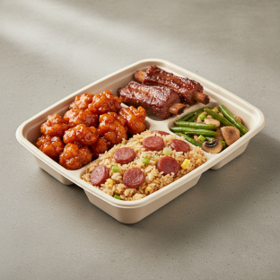 Orange Chicken, Spare Ribs, Chinese Sausage Fried Rice, Green Beans & Mushrooms