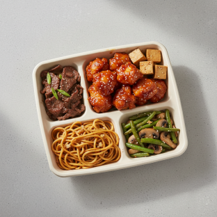 Orange Chicken, Mongolian Beef, Garlic Noodles, Green Beans & Mushrooms