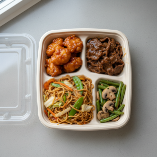 Orange Chicken, Spare Ribs, Garlic Noodles, Green Beans & Mushrooms